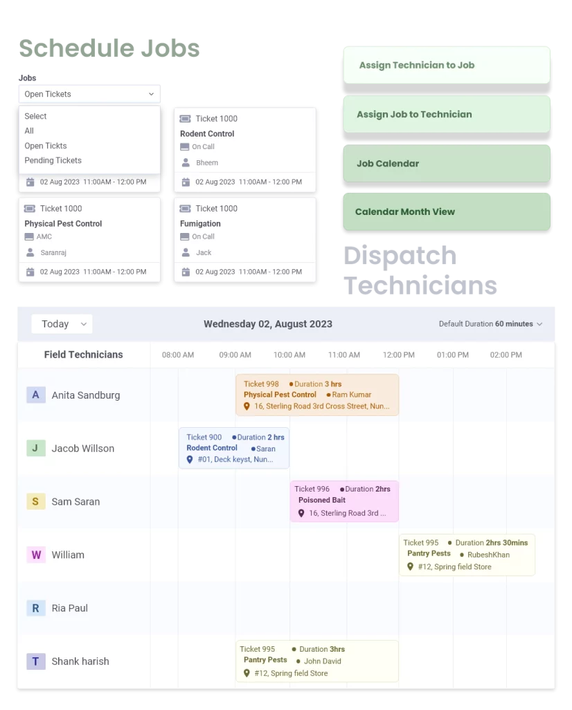 Field service scheduling software dashboard with real-time scheduling and task tracking