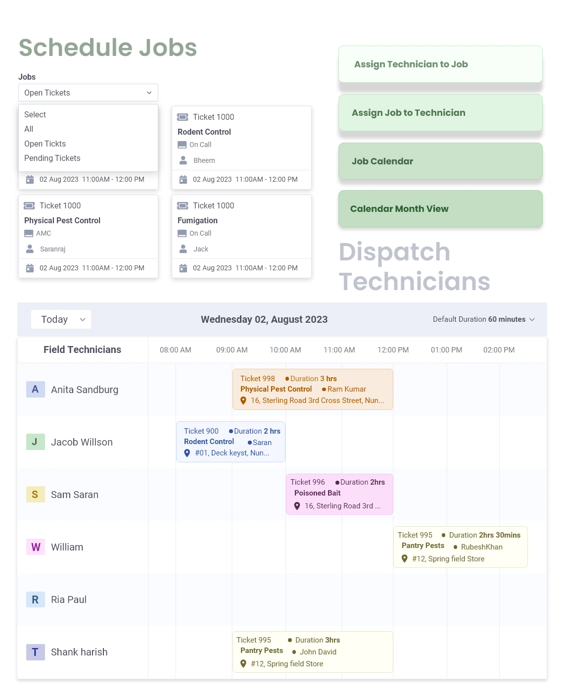 Field service scheduling software dashboard with real-time scheduling and task tracking